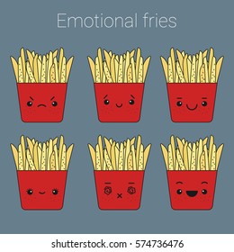 Vector icons set of emotional fries. Cute fast food, cute emotions