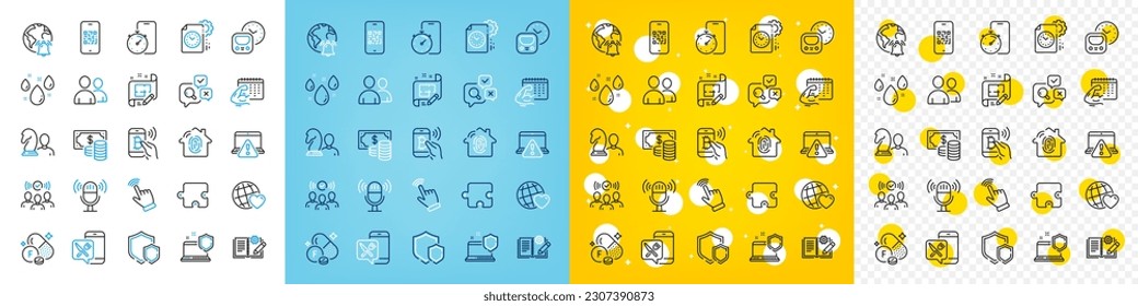Vector icons set of Engineering documentation, Rainy weather and Cursor line icons pack for web with Qr code, Metro, Friends world outline icon. Squad, Fluorine mineral, Puzzle pictogram. Vector
