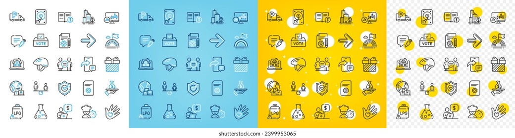 Vector icons set of Equality, Equity and Chemistry lab line icons pack for web with Documentation, Chef, Gas cylinder outline icon. Social responsibility, Confirmed, Realtor pictogram. Vector