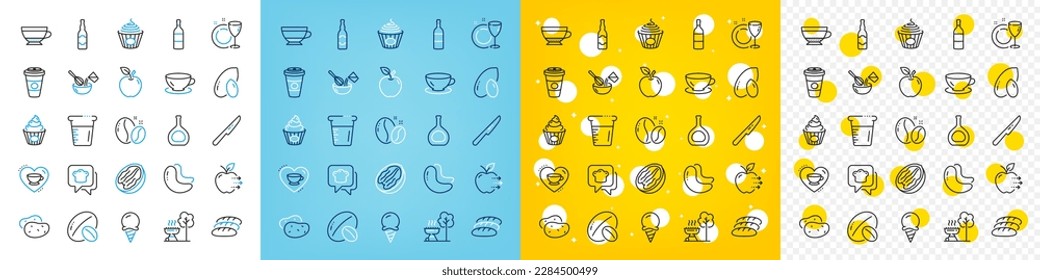 Vector icons set of Espresso, Food delivery and Love coffee line icons pack for web with Bread, Cake, Soy nut outline icon. Pasta, Pecan nut, Cognac bottle pictogram. Apple. Vector