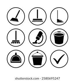 Vector Icons set of Essential Cleaning Tools, silhouette vector illustration.