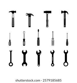 Vector icons set of essential hand tools for construction and repair.