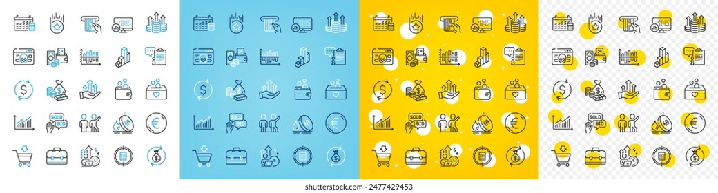 Vector icons set of Euro money, Credit card and Clipboard line icons pack for web with Online market, Cyber attack, Money exchange outline icon. Dollar exchange, Bid offer, Graph pictogram. Vector