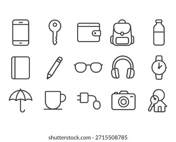 vector icons set of everyday carry essentials. smartphone, keys, wallet, backpack, bottle, notebook, pen, glasses, headphones, umbrella, coffee, charger, camera, watch.