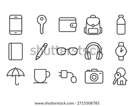 vector icons set of everyday carry essentials. smartphone, keys, wallet, backpack, bottle, notebook, pen, glasses, headphones, umbrella, coffee, charger, camera, watch.
