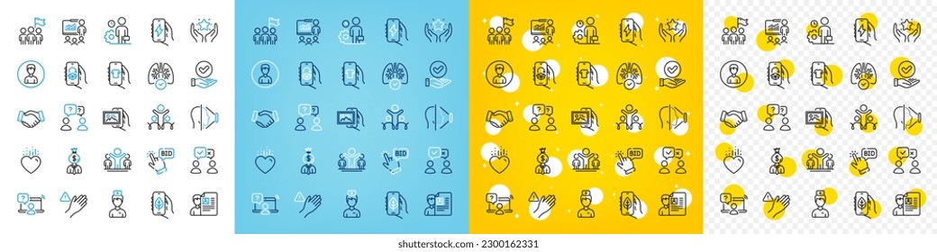 Vector icons set of Face id, People voting and Manager line icons pack for web with Approved checkbox, Teamwork questions, Winner outline icon. Charging app, Ecology app, Leadership pictogram. Vector