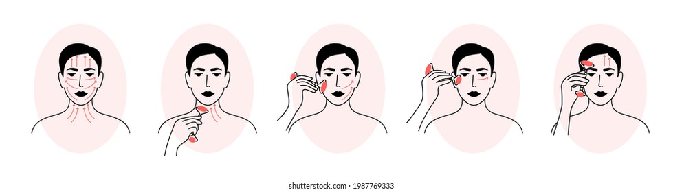 Vector icons set of facial massage by face roller. Woman showing how to apply quartz massager. Skin care instruction, relaxing, lifting procedure. Anti aging massage. Female portrait illustrations