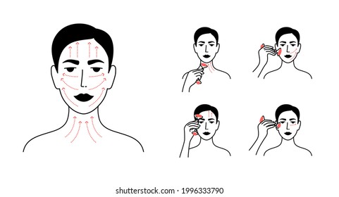 Vector icons set of facial massage by face roller. Skin care instruction, relaxing, lifting procedure. Woman making anti aging massage applying quartz massager by lines. Female portrait illustrations