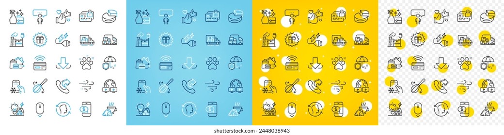 Vector icons set of Factory, Delivery truck and Like line icons pack for web with Download, Phone payment, Video conference outline icon. Cooking whisk, Refrigerator app. Vector