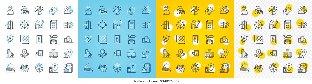 Vector icons set of Factory, Square area and Hold box line icons pack for web with Inspect, Warning, Eco power outline icon. Car charge, Petrol station, Typewriter pictogram. Vector