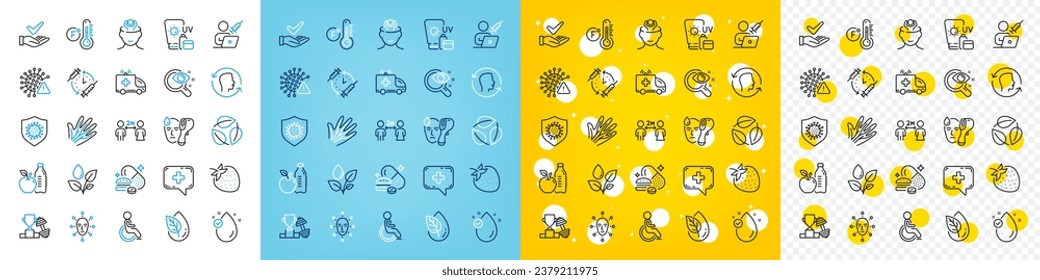 Vector icons set of Fahrenheit thermometer, Sunscreen and Face biometrics line icons pack for web with Face id, Healthy food, Vaccination schedule outline icon. Veins, Leaves, Stress pictogram. Vector