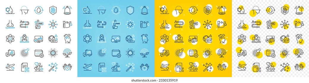Iconos vectores conjunto de Internet falso, escaneo facial e iconos de línea de vuelo médico paquete para web con prueba nasal, huella digital, icono de contorno impermeable. Prueba de Covid, varita mágica. Vector