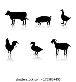 Vector icons set of farm animals silhouettes with shadows 