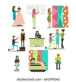 Vector icons set of fashion atelier personnel and customers characters isolated on white background. Flat style design elements.