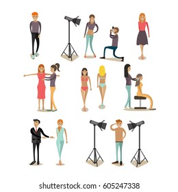 Vector icons set of fashion model profession people isolated on white background. Top models female and male, photographers, hairdresser flat style design elements.