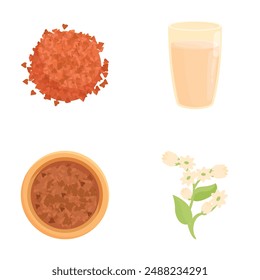 Vector icons set featuring almond milk in glass, brown rice in bowl, and white chamomile flowers