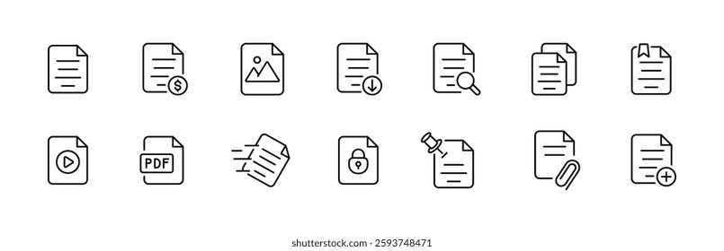 Vector icons set for file formats and document functions.