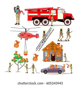 Vector icons set of firefighter profession people isolated on white background. Firefighting truck, helicopter, firemen saving people, forest, transport and house from fire flat style design elements.