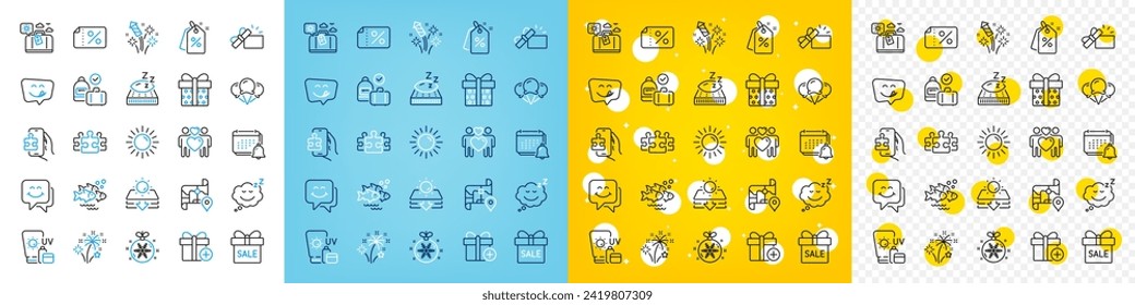 Vector icons set of Fireworks, Puzzle game and Travel luggage line icons pack for web with Carry-on baggage, Sun protection, Sunscreen outline icon. Mattress, Christmas ball. Vector