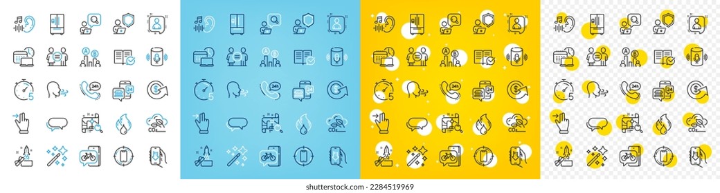 Vector icons set of Flammable fuel, Timer and Hearing line icons pack for web with Breathing exercise, Developers chat, Refrigerator outline icon. 24h service, Messenger, Magic wand pictogram. Vector