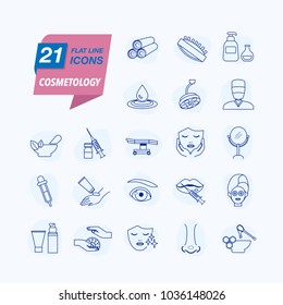 Vector icons set in flat, contour, outline thin and linear design. Cosmetology. Skin care. Simple isolated icons. Concept illustration for Web site. Sign, symbol, element.