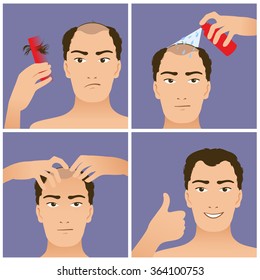 Vector icons set in flat design style with man who does procedures with his hair to prevent hair falling