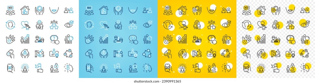 Iconos vectoriales del modo de vuelo, Liderazgo y línea de trabajo en equipo de los iconos del paquete para web con gente de búsqueda, Subasta, Icono de esquema de pensamiento de Bitcoin. Comunicación, certificado, pictograma de yoga. Vector