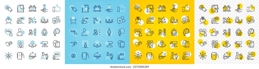 Vector icons set of Food delivery, Group and Ask question line icons pack for web with Like, Difficult stress, Washing hands outline icon. Vip table, Auction, Security pictogram. Genders. Vector