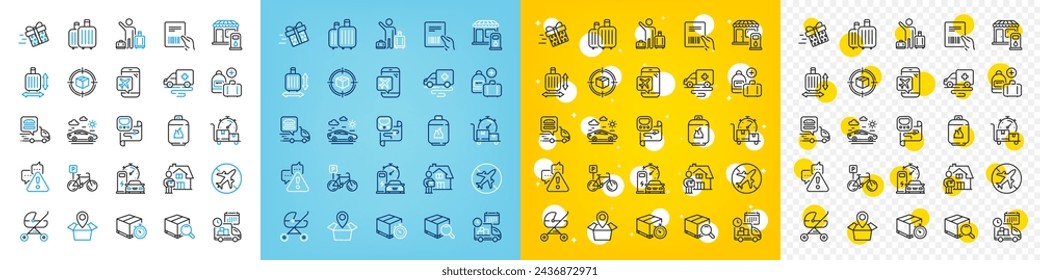 Vector icons set of Food delivery, Airport transfer and Present delivery line icons pack for web with Baggage size, Warning, Metro map outline icon. Search package, Parcel invoice. Vector