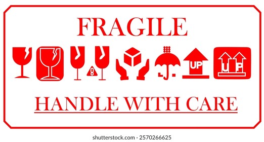 Vector Icons Set for Fragile Packages, Logistics and Shipping Delivery Labels. Fragile Package Concept. Print Ready Design. Ensure Safe Handling