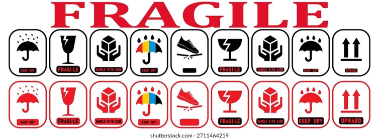 Vector Icons Set for Fragile Packages, Logistics and Shipping Delivery Labels. Fragile Package Concept. Print Ready Design. Ensure Safe Handling