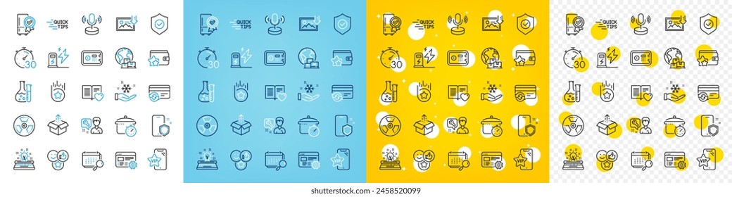 Conjunto de iconos de vectores de congelación, foto de Descarga y caja fuerte paquete de iconos de línea para el Web con caja de envío, máquina de escribir, icono de contorno de estación de carga. Peligro químico, temporizador, pictograma del calendario. Vector