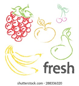 Vector icons set of fresh berries and fruits silhouette hand drawn with chalk style