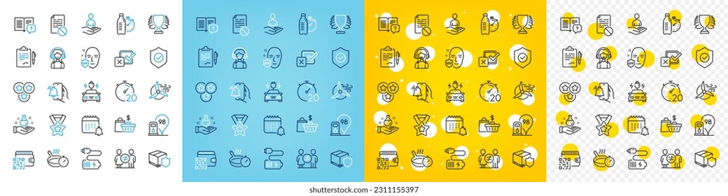 Vector icons set of Frying pan, Delivery insurance and Clipboard line icons pack for web with Wrong file, Alarm clock, Windmill turbine outline icon. Checkbox, Fitness water, Qr code pictogram. Vector