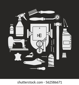 Vector icons set of furrier tools. White print on black background