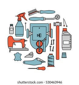 Vector icons set of furrier's tools. Color print on white background. Workshop furrier. Fur sewing