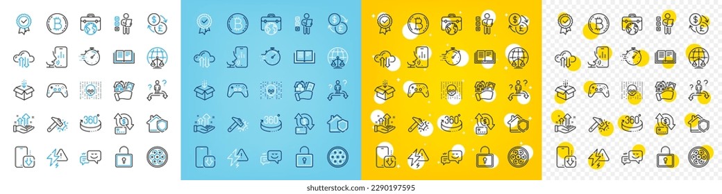 Vector icons set of Gamepad, Timer and Money transfer line icons pack for web with Cable section, Cloud sync, Home insurance outline icon. Analysis graph, 360 degrees. Vector