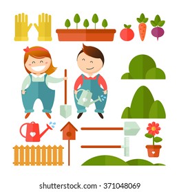 Vector Icons set of garden. Family,vegetables, garden tools, watering can, fence, seedlings, in a flat style for your design