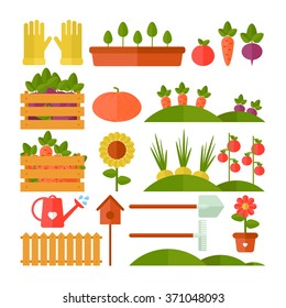 Vector Icons set of garden. Vegetables and fruits in a flat style, garden tools, watering can, fence, seedlings