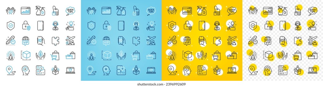 Vector icons set of Gifts, Puzzle and Journey line icons pack for web with Security shield, Brain working, Fair trade outline icon. Fingerprint lock, Yoga, Web love pictogram. Phone. Vector