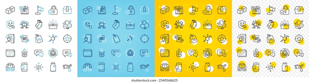 Conjunto de iconos vectoriales de líneas de fórmula sin gluten, hito y química para el Web con marketing, bloqueo de seguridad, icono de esquema de préstamo de viaje. Guardia, objetivo estrella. Vector