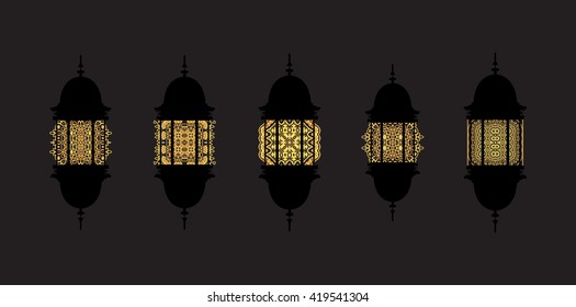 Vector icons set of golden arabic Ramadan lanterns. Isolated on a black background.