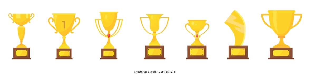 Vector icons set of golden sport award cups in modern flat style. Vector illustration.