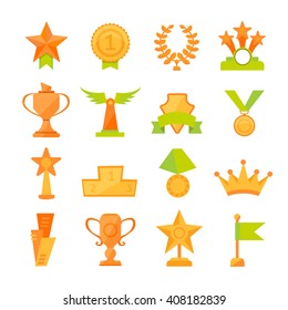 Vector icons set of golden sport award cups in modern flat style.