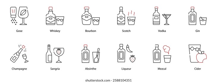 Vector Icons Set - Gose, Whiskey, Bourbon, Scotch, Vodka, Gin, Champagne, Sangria, Absinthe, Liqueur, Mezcal, Cider

