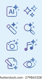Vector icons set with a gradient effect, featuring AI, magic wand, magnifying glass, camera, music note, document, and eye with sparkles on a light background.