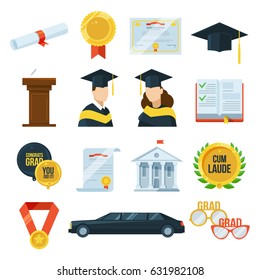 Vector icons set of graduation student party. Gown and cap, diplomas. Illustration in flat style