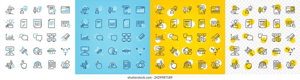 Vector icons set of Graph, Creativity and Read instruction line icons pack for web with Stress, Difficult stress, Document outline icon. Creative idea, Add team, Business idea pictogram. Vector