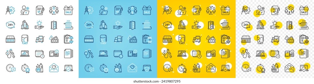 Vector icons set of Graph laptop, Open door and Select alarm line icons pack for web with Best result, Approved agreement, Copy documents outline icon. Skyscraper buildings, Radiator. Vector