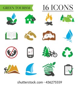Vector icons set of green tourism, recreation, outdoor  and camping. Ecotourism concept.